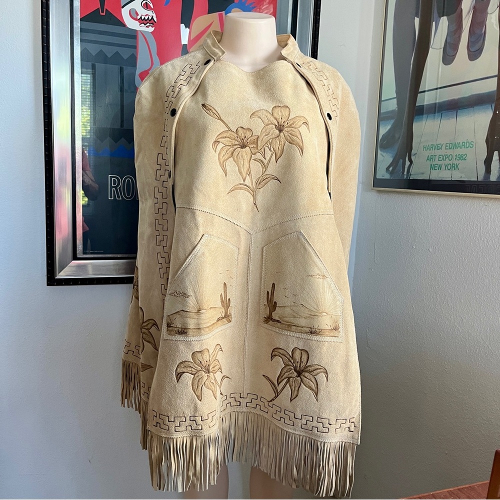 Vintage 1970s Mexican Leather Suede Engraved Poncho / Cape.